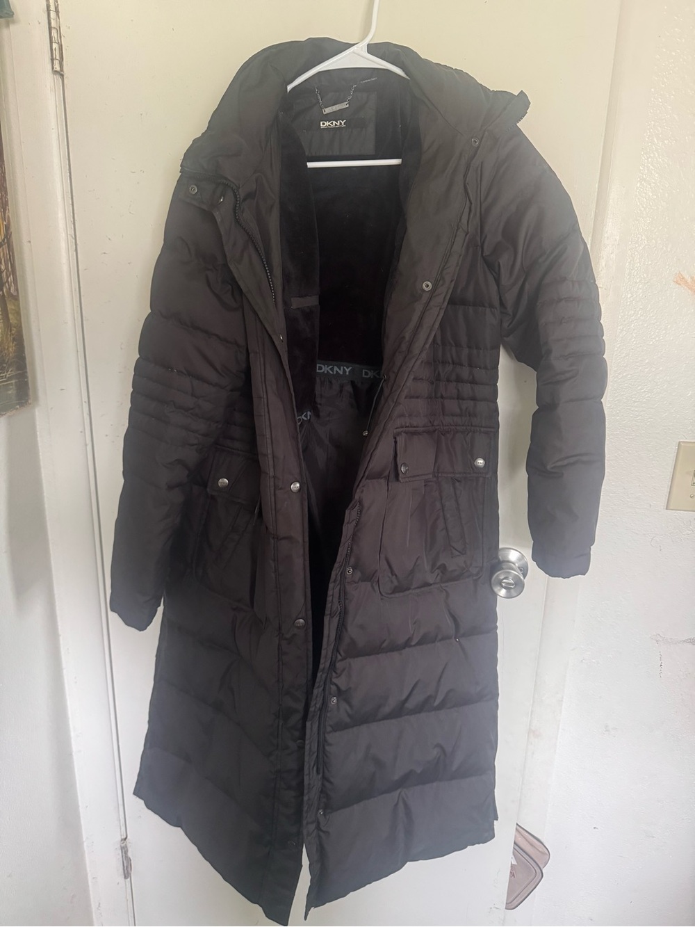 DKNY Black Extra Long Hooded Puffer Coat / maxi winter jacket